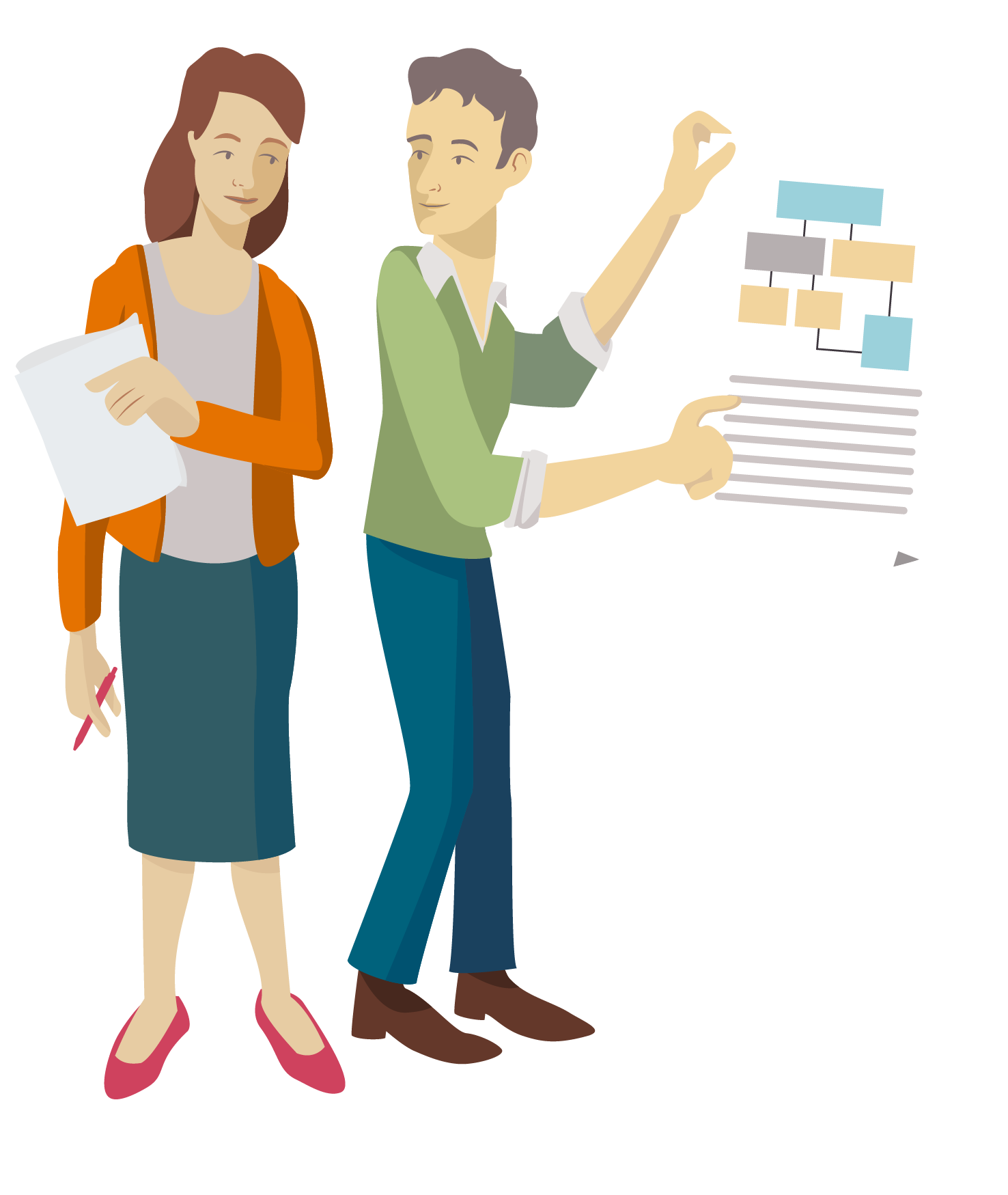 Illustration of two people looking at a diagram for a website