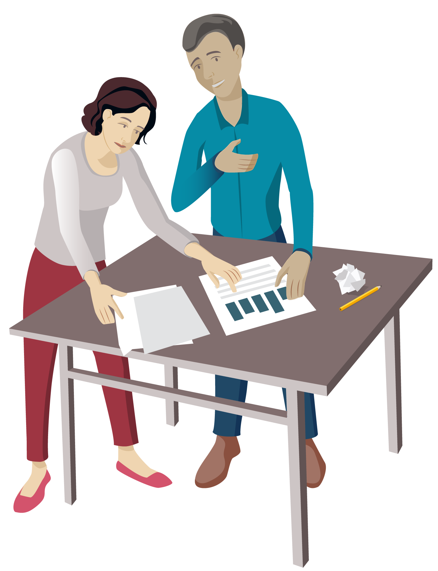 Illustration of two people looking at documents and a graph on a table