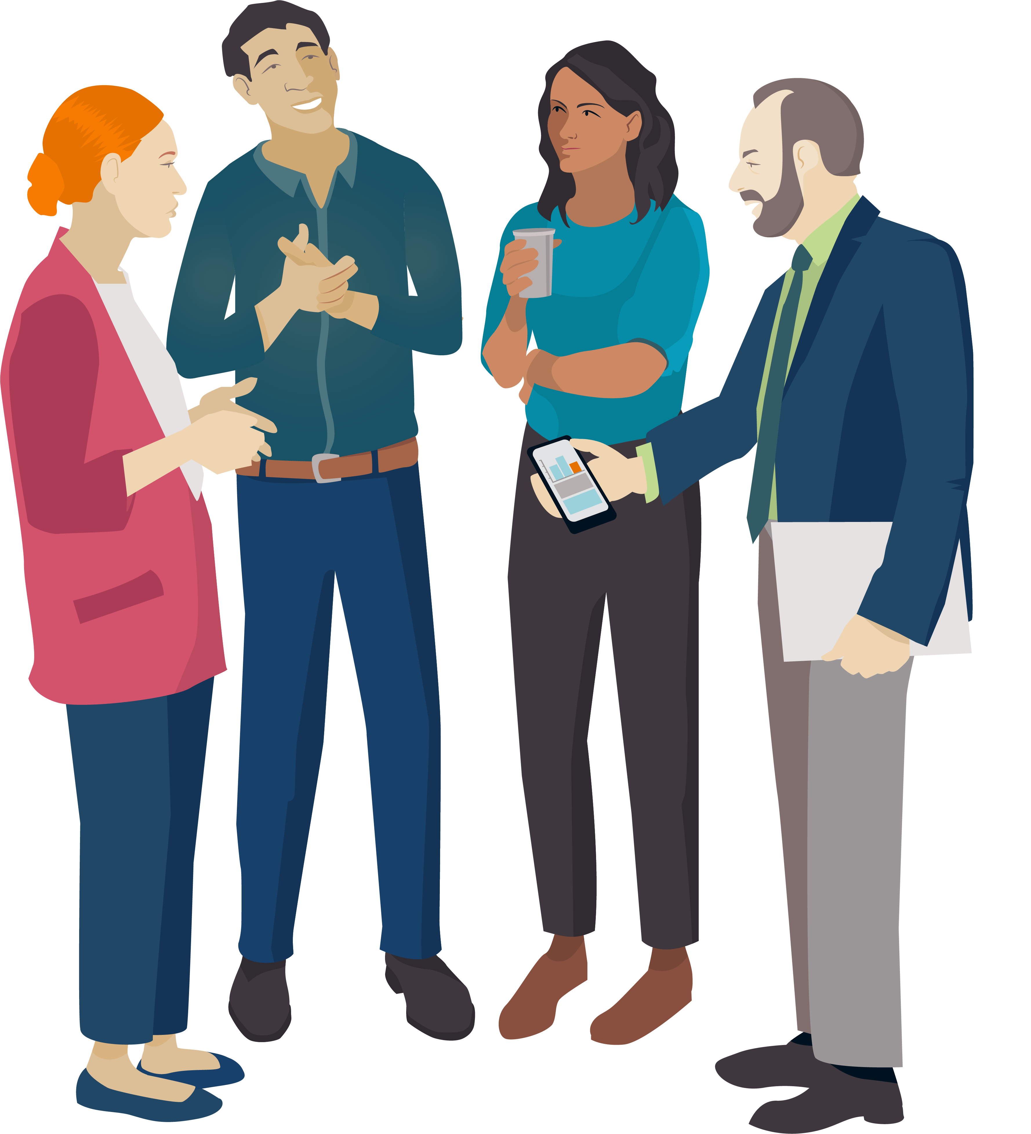 Illustration of four people talking with one person holding out a mobile phone